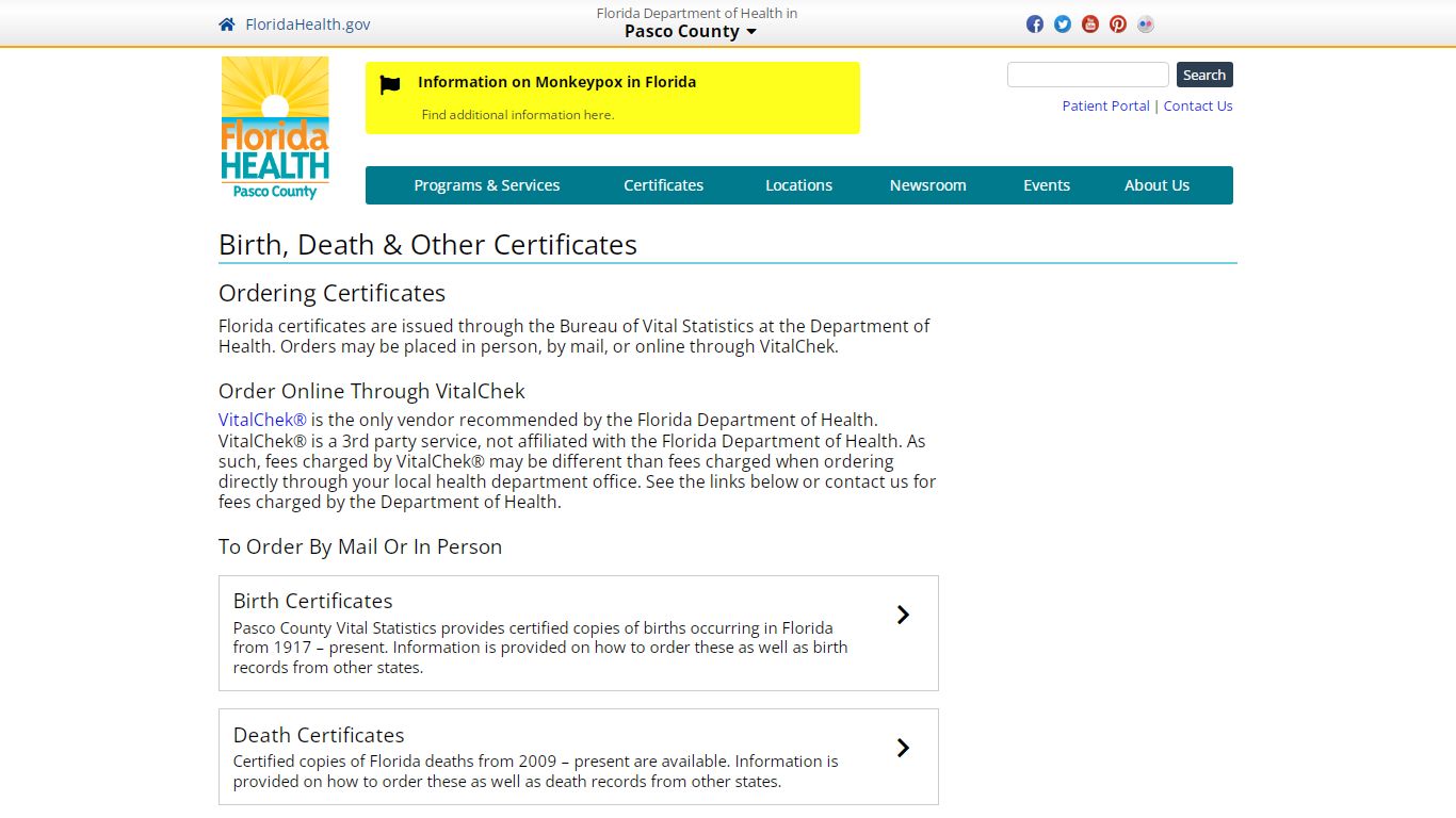 Birth, Death & Other Certificates - Florida Department of Health
